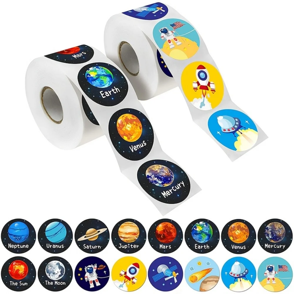 500/Roll Aerospace-Themed Patterned Self-Adhesive Stickers, Decorative Labels for Office and Study Stationery