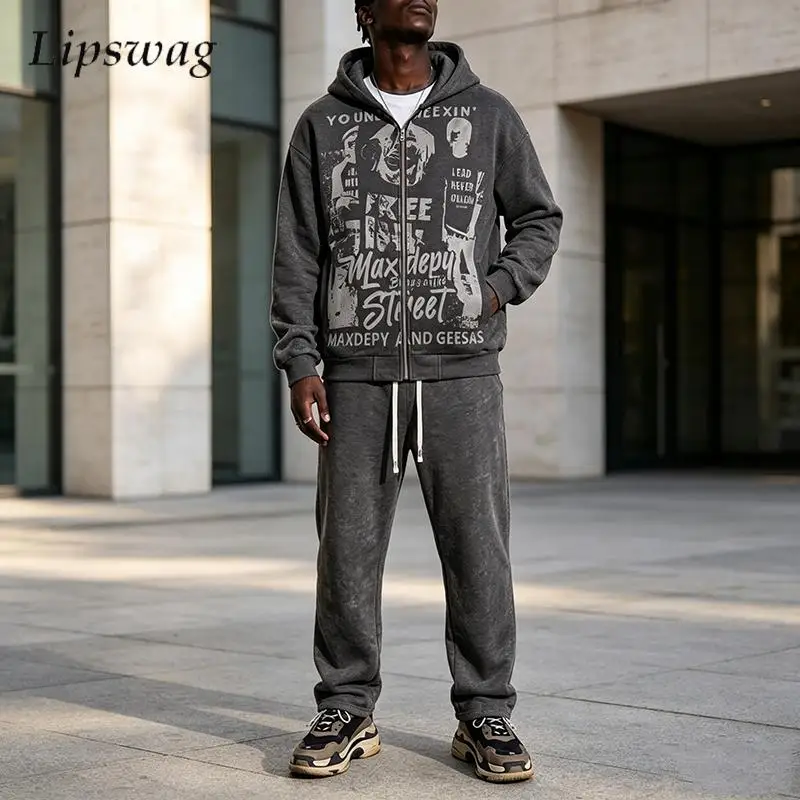 2026 Autumn Hoodie Tops And Pants Two Piece Sets Mens Daily Outdoor Print Hooded Tracksuit Suits Fashion Loose Outfits Mens