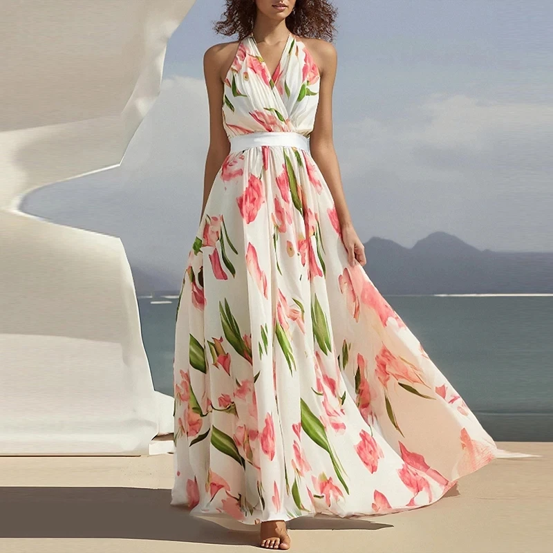 

Fashion Halter Print Beach Vacation Dress Sexy V-neck Sleeveless Lace Up Long Dress Elegant Lady High Waist Hollow Evening Dress