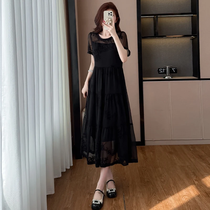 YZJNH 2026 Summer New Dress Women's French Elegant Mesh Splicing Short Sleeve Dress Loose and Versatile Large Size Dress Women