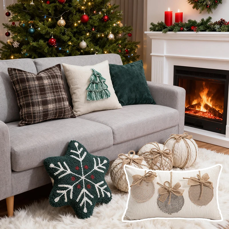 

Premium Christmas Throw Pillow Cover Cotton Embroidery Snowflake Design Irregular Shape Sofa Cushion for Home Decoration Gift