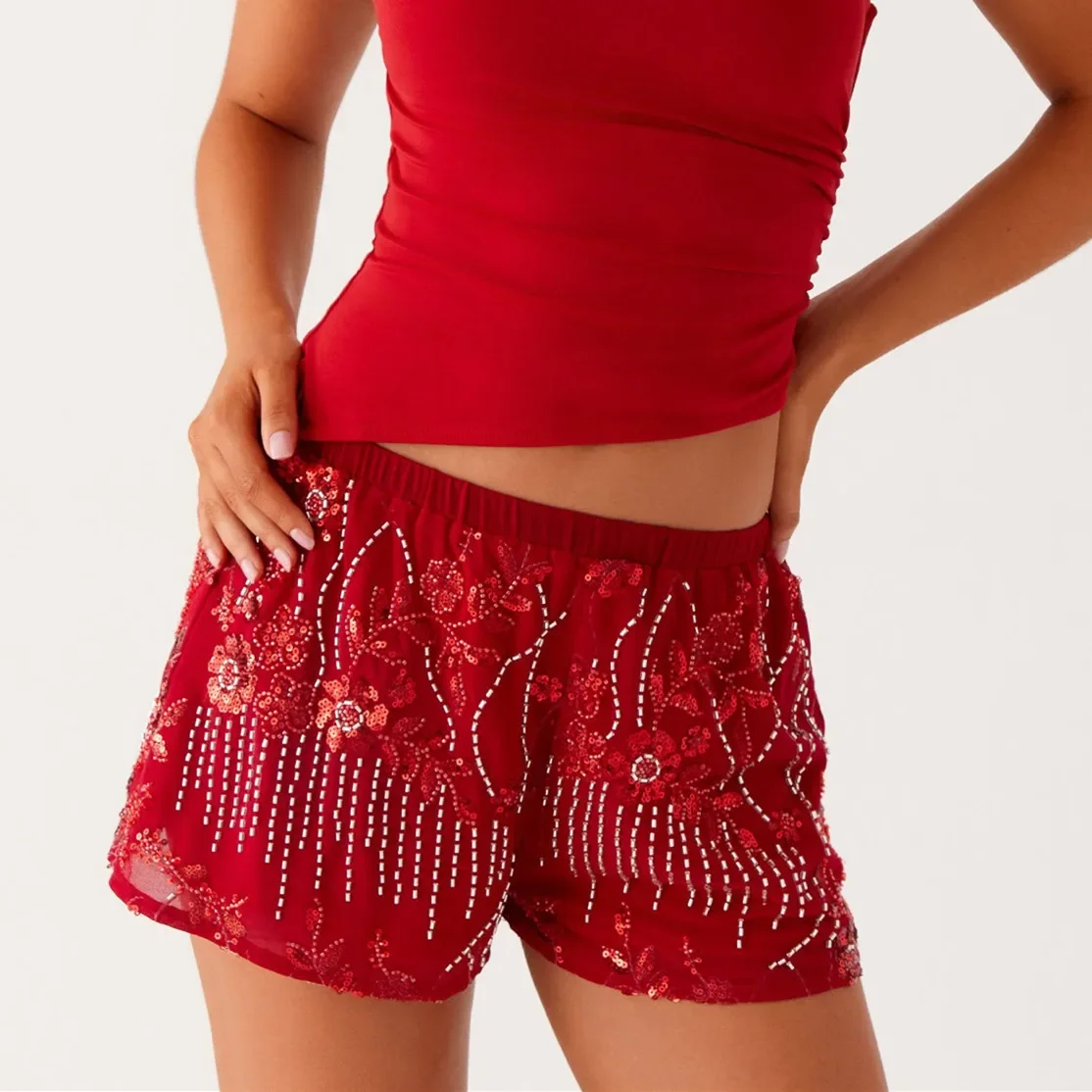 Women Sequin Mini Shorts Y2K Low Rise Sparkle Floral Bead Embellished Bottoms Teen Girls Cute Summer Trendy Shorts