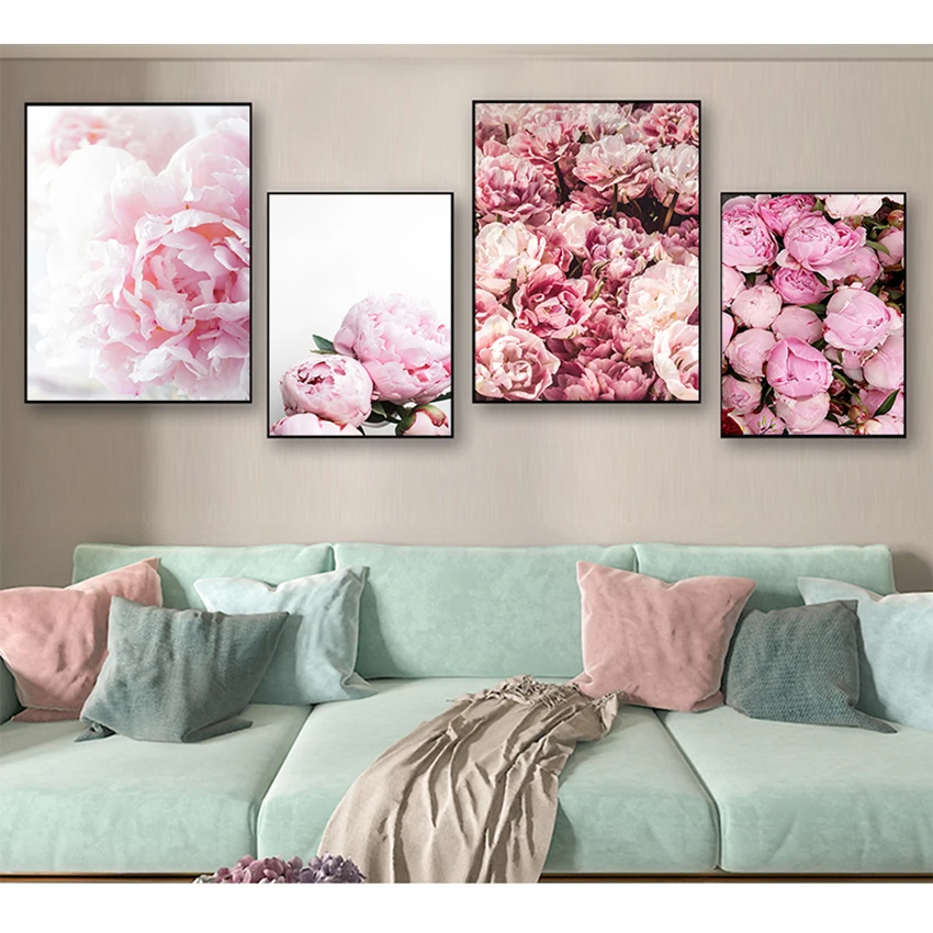 Tableau d'art mural pour salon, décoration de la maison, peinture sur toile, décor nordique, affiche et impression de fleur de pivoine élégante