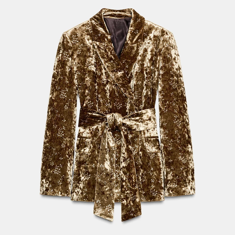 

Glitter Velvet Two Piece Set for Women Lapel Shoulder Padded with Belt Blazer Coat Side Zipper Skinny Pant 2025 New Lady Outfit