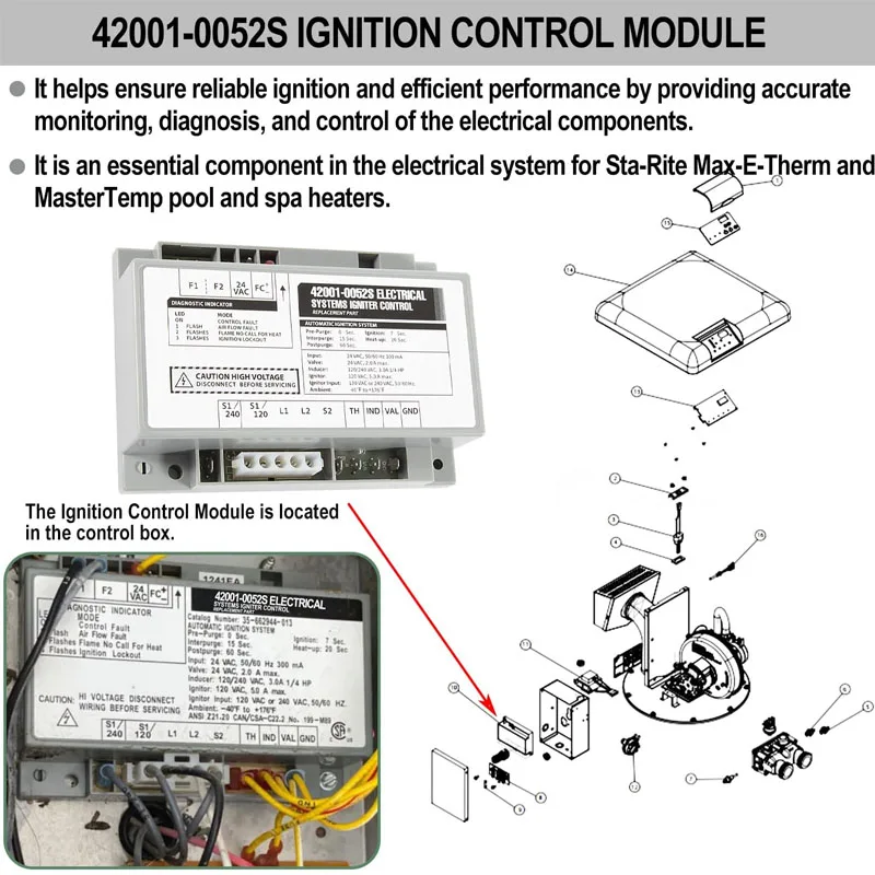 Zestaw modułu sterującego zapalnikiem#42001-0052S Pasuje do systemów elektrycznych MasterTemp & Sta-Rite Max-E-Therm basenów i grzejników spa