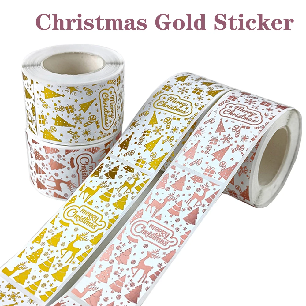 120pcs Rectangle Gold Foil Sticker Rose Gold Merry Christmas Stickers Gift Seal Labels Shipping Stickers For Decoration Envelope