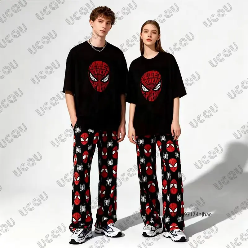 

Men's Trousers Tracksuit 2 Piece Outfits Spider-Man Print Tshirt+Pajamas Pant Sets Autumn Couples Casual Suit Oversized Clothes