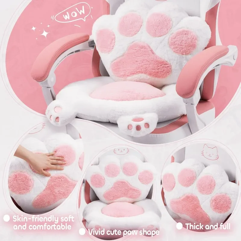 Pink Gaming Chair Cute with Cat Ears Paw Lumbar and Cushion,Ergonomic Computer Chair with Footrest