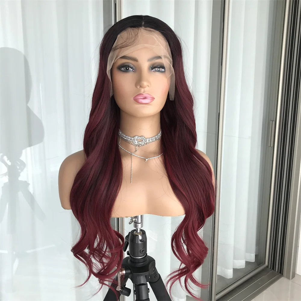 Ombre 1b 99j Burgundy HD Body Wave Lace Front Wigs Synthetic Hair Pre Plucked with Baby Hair Glueless 180% Density Lace Wigs