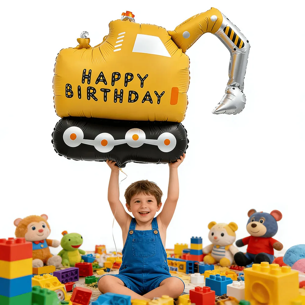 Ballons en aluminium mats « Joyeux Anniversaire » sur le thème de l'excavatrice pour la fête d'anniversaire de garçon sur le thème de la construction, cadeau décoratif