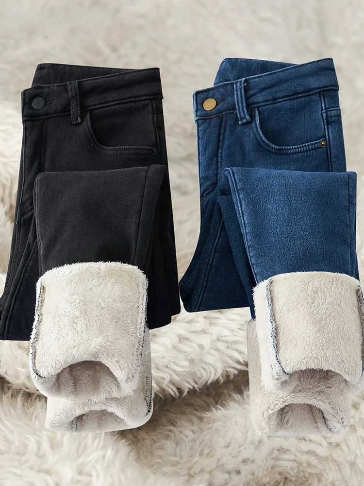 Thicken Winter Lambwool Slim Jeans Women's Warm Oversized 34 Fleece Lined Skinny Pencil Denim Pants High Waist Stretch Trousers