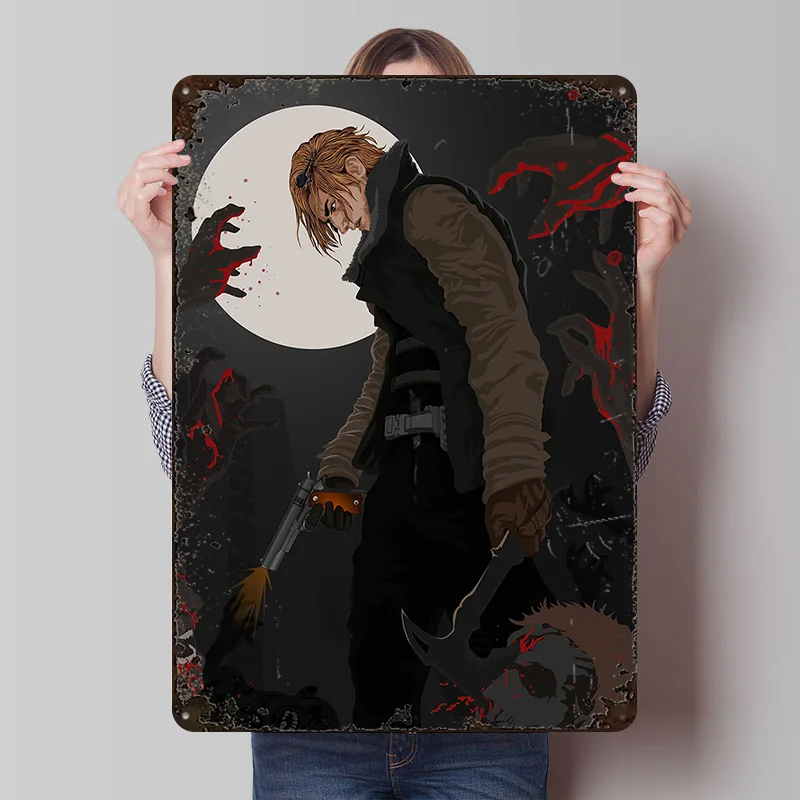 Survivor Fighting Zombies Under the Moon Metal Poster Custom Wall Art Retro Vintage Tinplate Signs for Coffee Bar Accessories