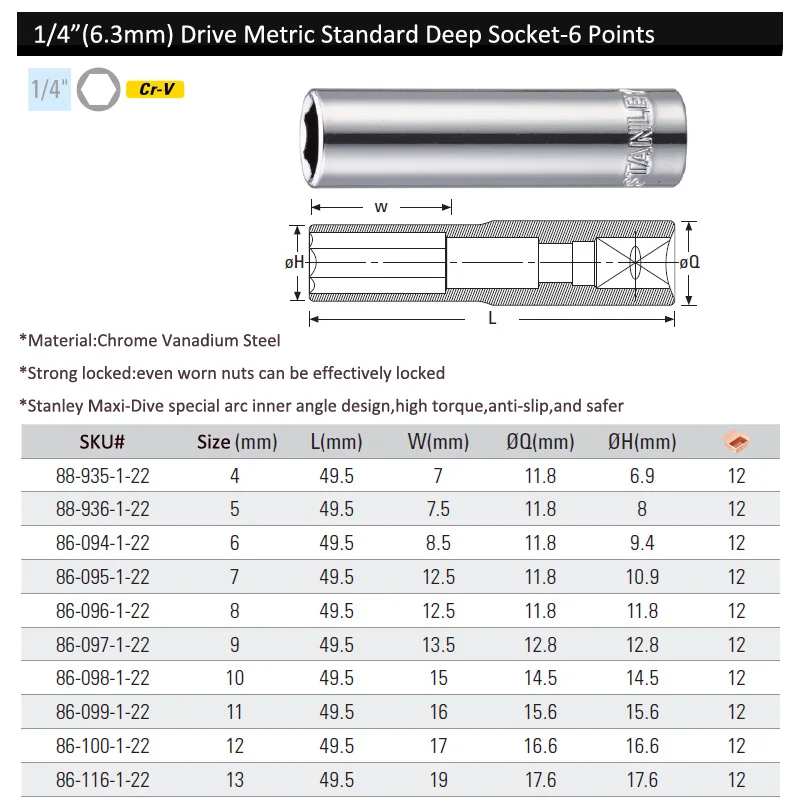 Stanley 1 peça 6pt 1/4 unidade métrica chave de soquete profunda 4mm 5mm 6mm 7mm 8mm 9mm a 13mm ferramentas de mecânica de bicicleta automática