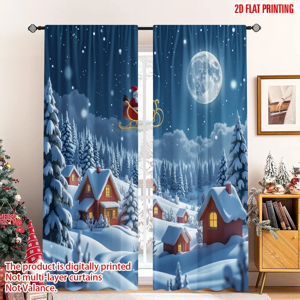 

2pcs 2D flat printing Christmas Party Curtain Santa Sleigh Village Snow 100% Polyester Fabric Without Electricity Festive