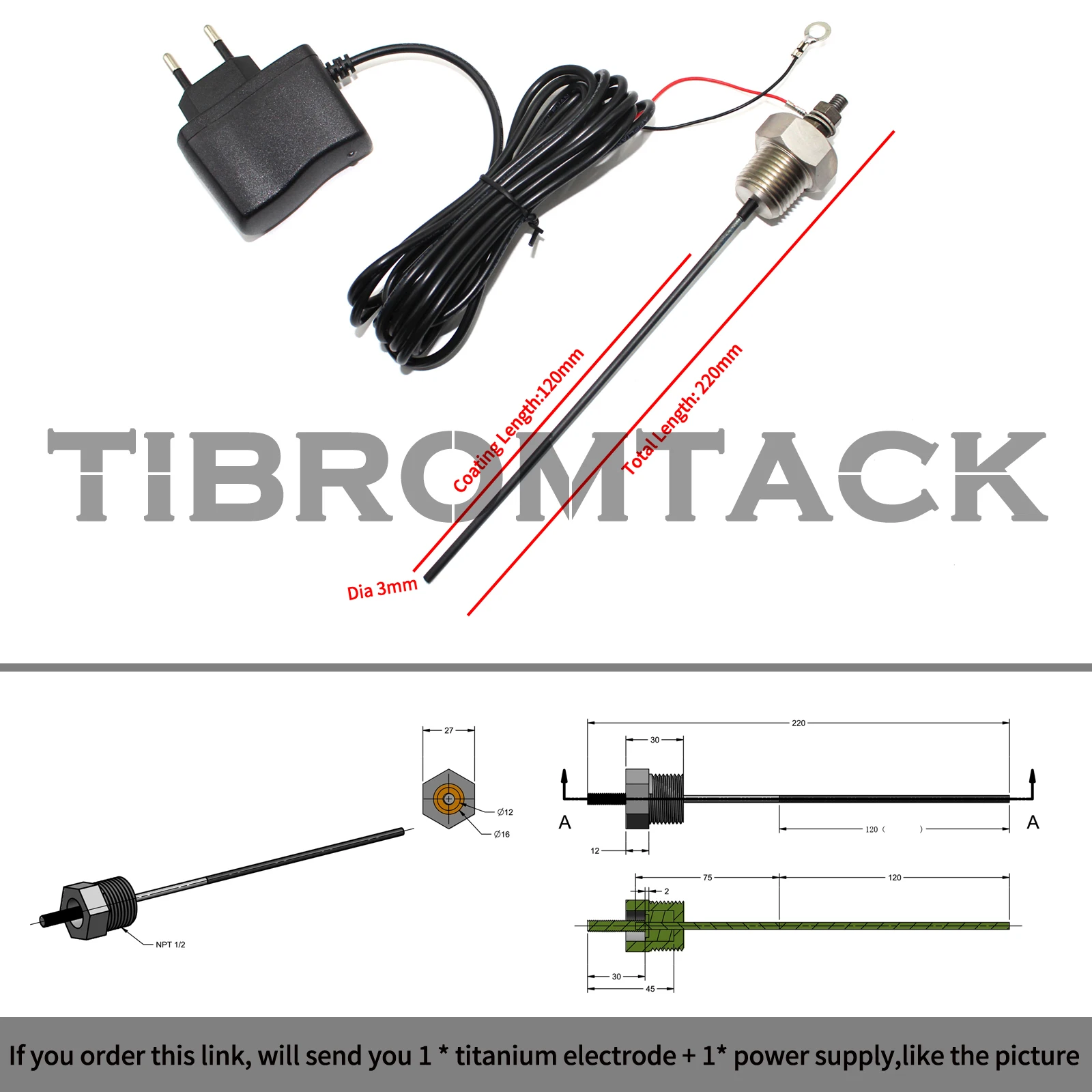 Anti-Corrosion Anode Rods, Replacement Anode Wire, Water Heater with Power Supply, Total Length of 220mm, NPT1/2
