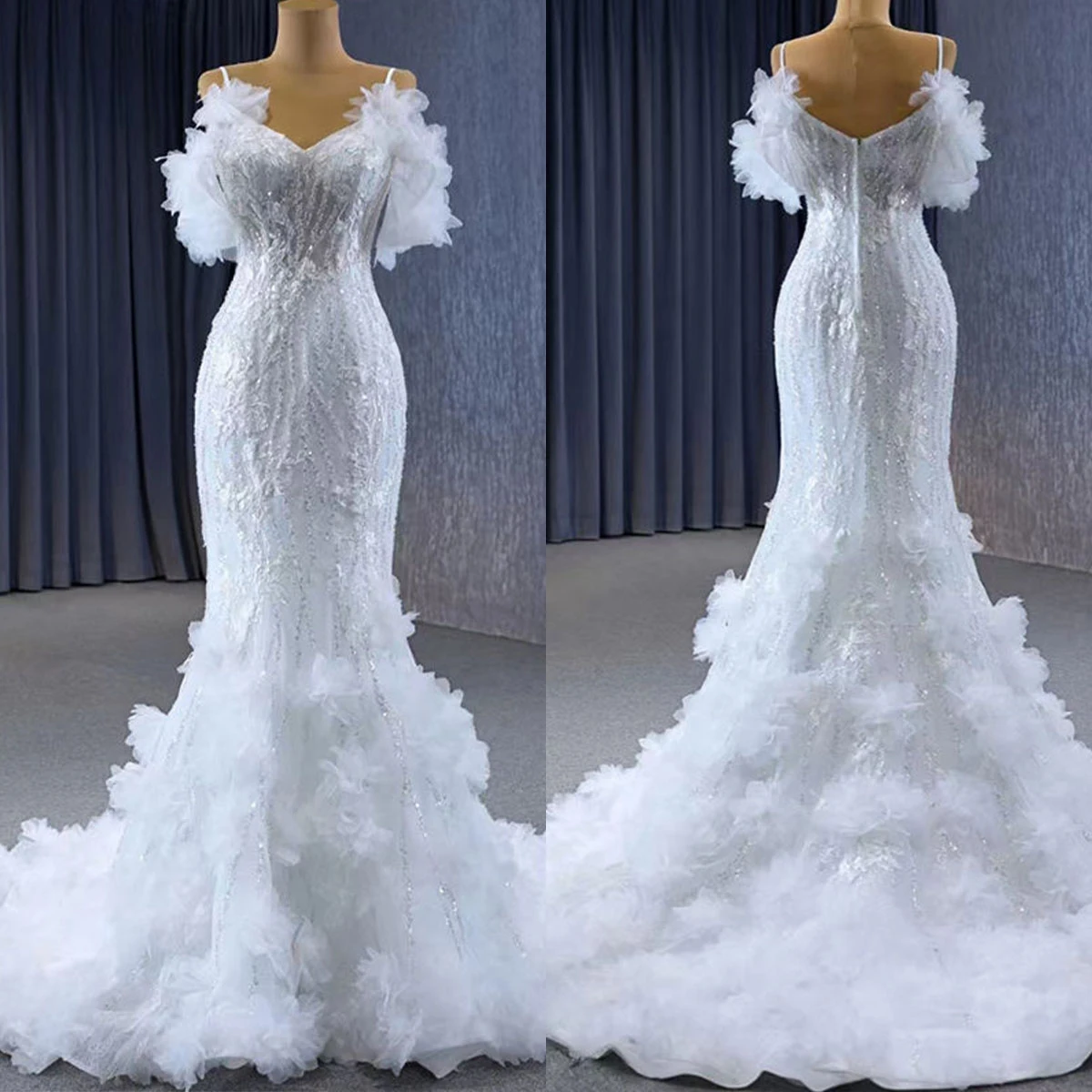 Luxury Mermaid Wedding Dresses For Women Sequins Appliques Bridal Gown Spaghetti Strap Off-Shoulder Skirt Sweep Train Dress