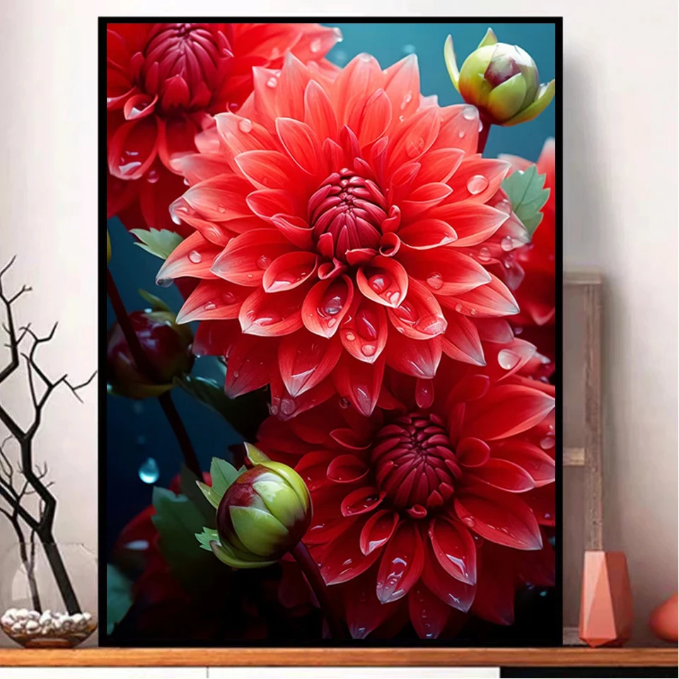 5D Full Square Diamond Embroidery Flower Needlework Diamond Painting Round Dahlia Mosaic Craft Kit Art Rhinestone Home Decor