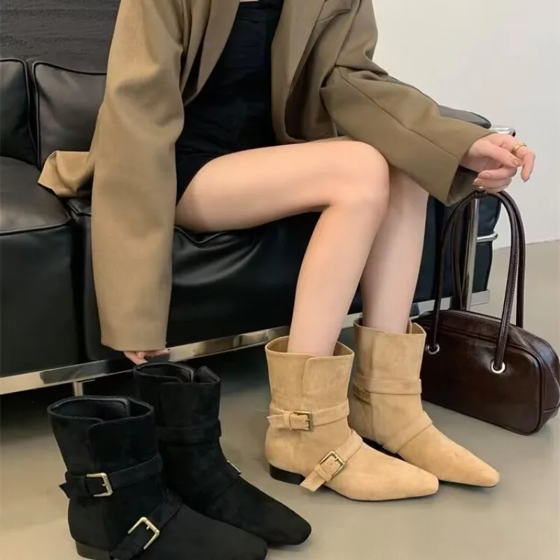 

New Style Popular Women's Fashion Round Toe Motorcycle Boots Women's Luxury Metal Knight Mid-Calf Flat Heels Boots Zapatos Mujer