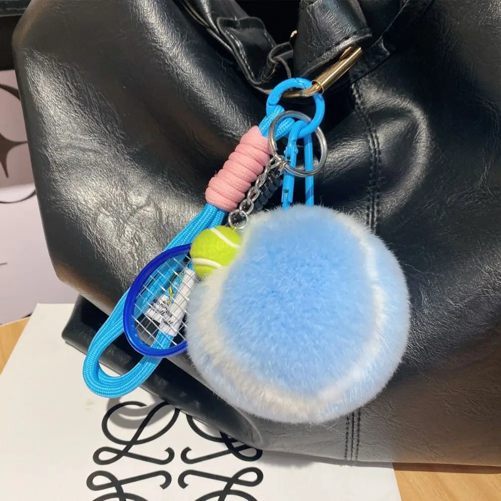 

Cute Tennis Ball Pendant Anti Lost Jewelry Rex Rabbit Fur Keyrings Cartoon Trinket Tennis Keychain Car Decoration