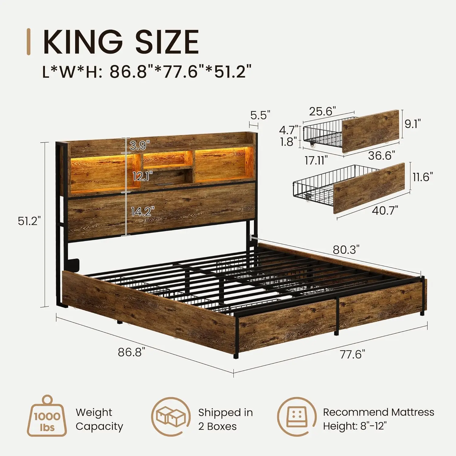 

Vintage Brown Platform Bed with 6 Drawers and USB Charging – Silent, No Box Spring Needed