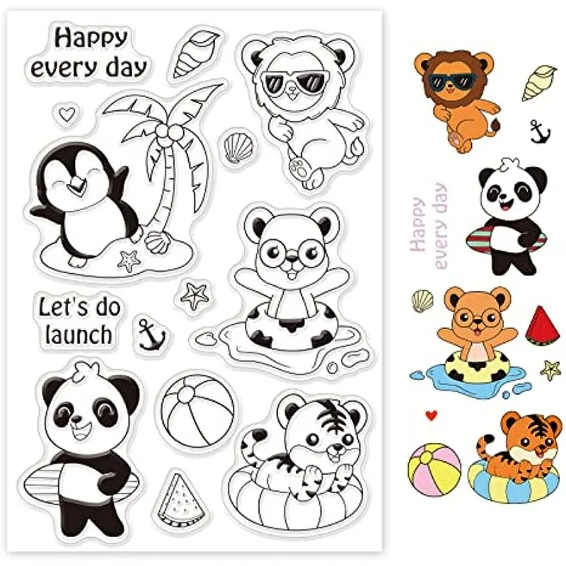 Tiere Silikon Klare Stempel Kokosnussbaum Sommer Ozean Schwimmen Löwe Panda Pinguin Tiger Strand