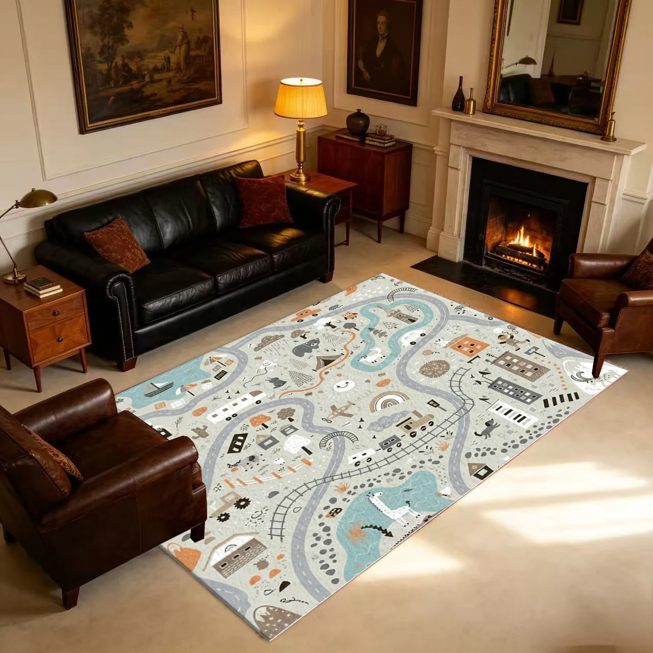 Cute Children's City Traffic Map Play Mat Carpet Non-Slip Cartoon Game Carpet Suitable for Kids Room Playroom Bedroom Home Decor