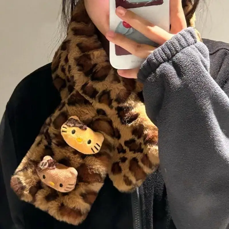 

Sanrio New Scarf Hello Kitty Scarf Leopard Print Cartoon Girl Student Outdoor Winter Style Thickened Keep Warm Windproof Scarf
