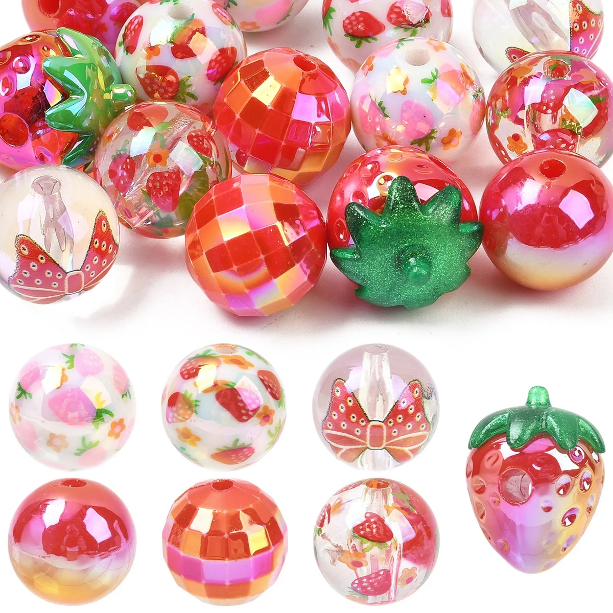 15 قطعة من خرز الأكريليك الشفاف-AB مطلي بالفراولة خرز فضفاض لسلسلة مفاتيح مجوهرات ذاتية الصنع سوار قلم مطرز حرفي