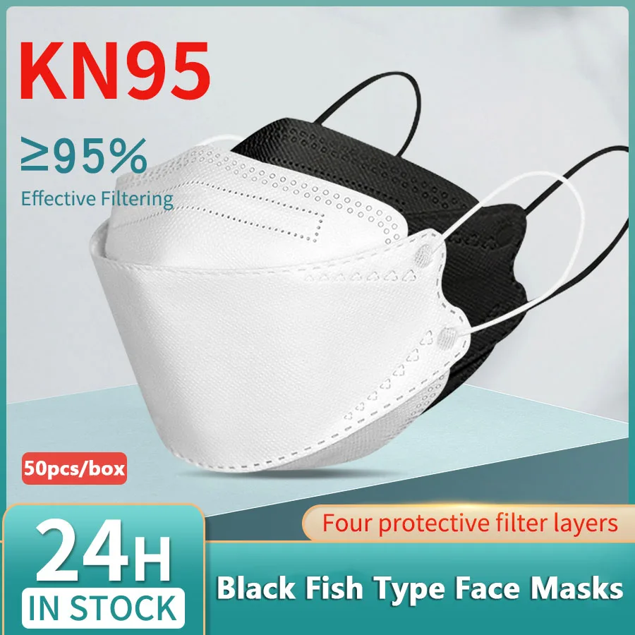 Mondmasker Van 50 Stuks Kn95 Vis Type Mondmasker Stofdicht Anti-PM2.5 Ademend Masker Beschermend Zwart Wit 4d Stofmaskers