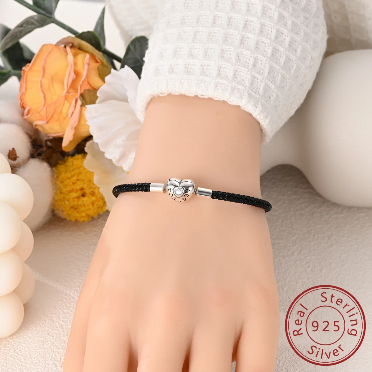 925 فضة أساور ساحرة للمرأة القلب شل الجلود حبل ضفيرة سوار صالح الخرز صنع موضة مجوهرات هدية