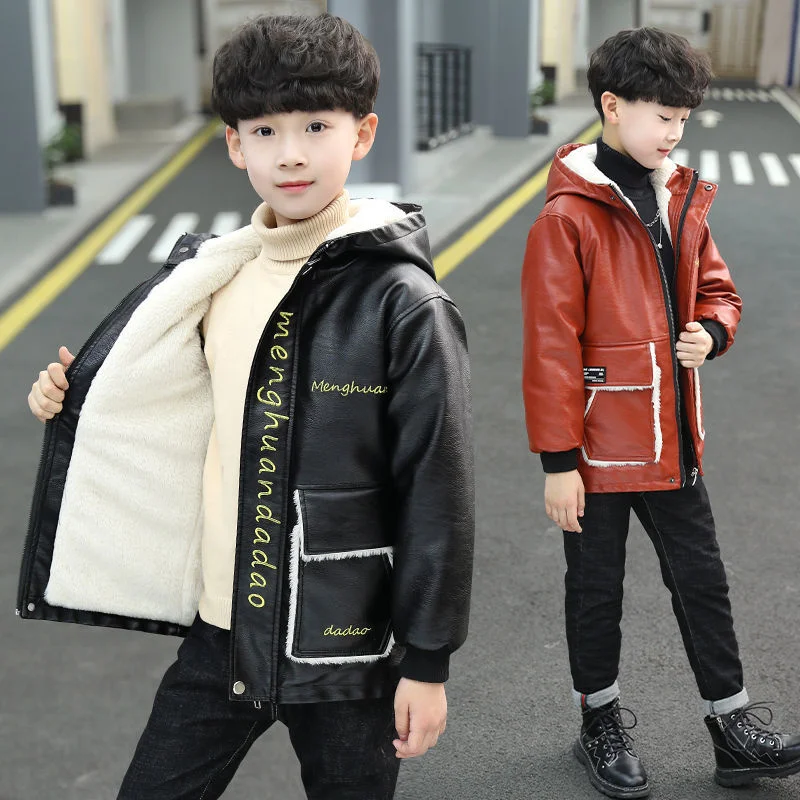 5-16T Faux For Leather Jacket Boys 2023 New Fashion Plus Velvet Warm Hooded Children's Outerwear Letters Patchwork Teenager Coat