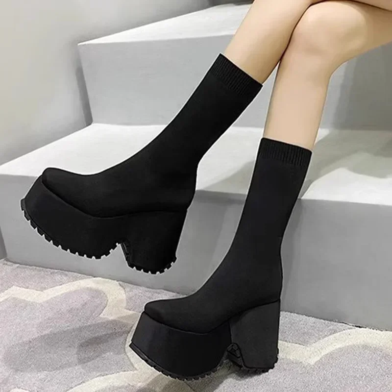 Botines de plataforma de tacón superalto para mujer, zapatos clásicos de punta redonda, elegantes, antideslizantes para caminar, Invierno