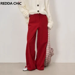 REDDACHiC Simple Red Wide Leg Pants for Women Office Work Casual Solid Velvet High Waist Trousers Fall Winter Vintage Clothes