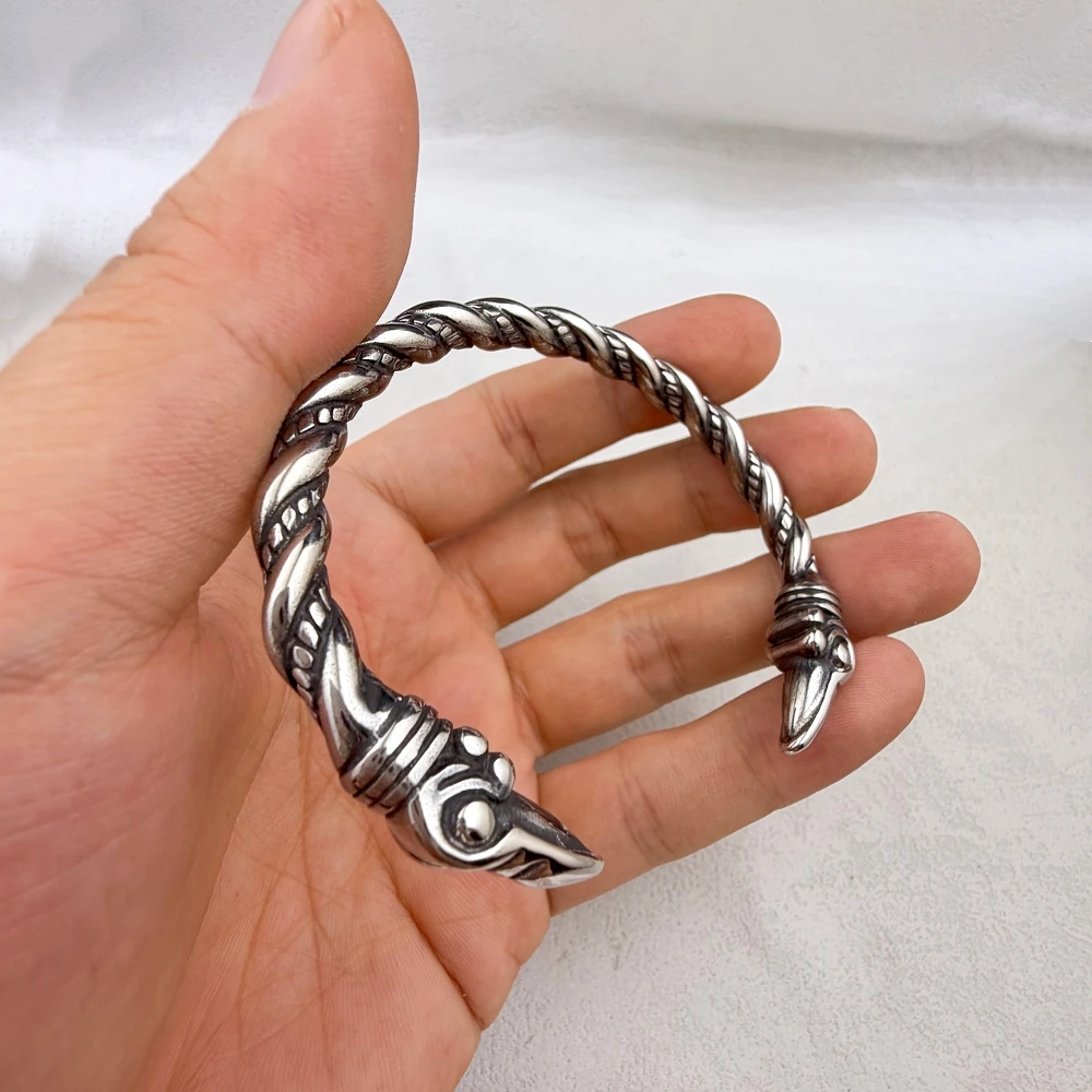 Viking Odin Raven Torc Bracelet 316L Stainless Steel Twisted Open Cuff Bangle Norse Mythology Pagan Amulet Men Punk Jewelry
