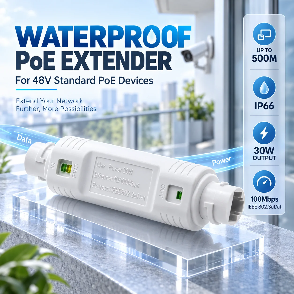 extensor-repetidor-poe-48v-a-prova-d'agua-para-uso-externo-com-alcance-de-100m-adaptador-injetor-poe