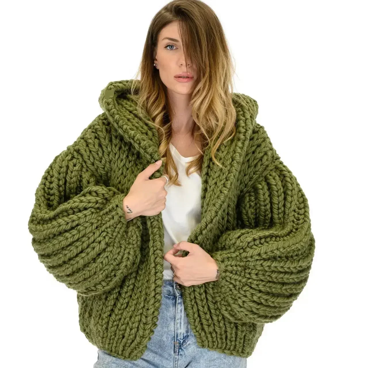 Chic Spring Autumn Women Thick Hooded Knitted Cardigan Coarse Wool Handmade Stick Sweater Coat with Hat Weave Knitwear Crop Tops