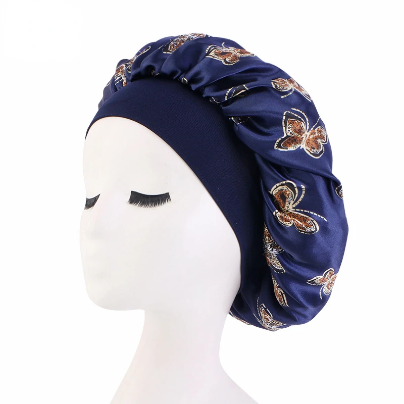 New Fshion Women Satin Night Sleep Cap Hair Bonnet Hat Silk Head Cover Wide Elastic Band