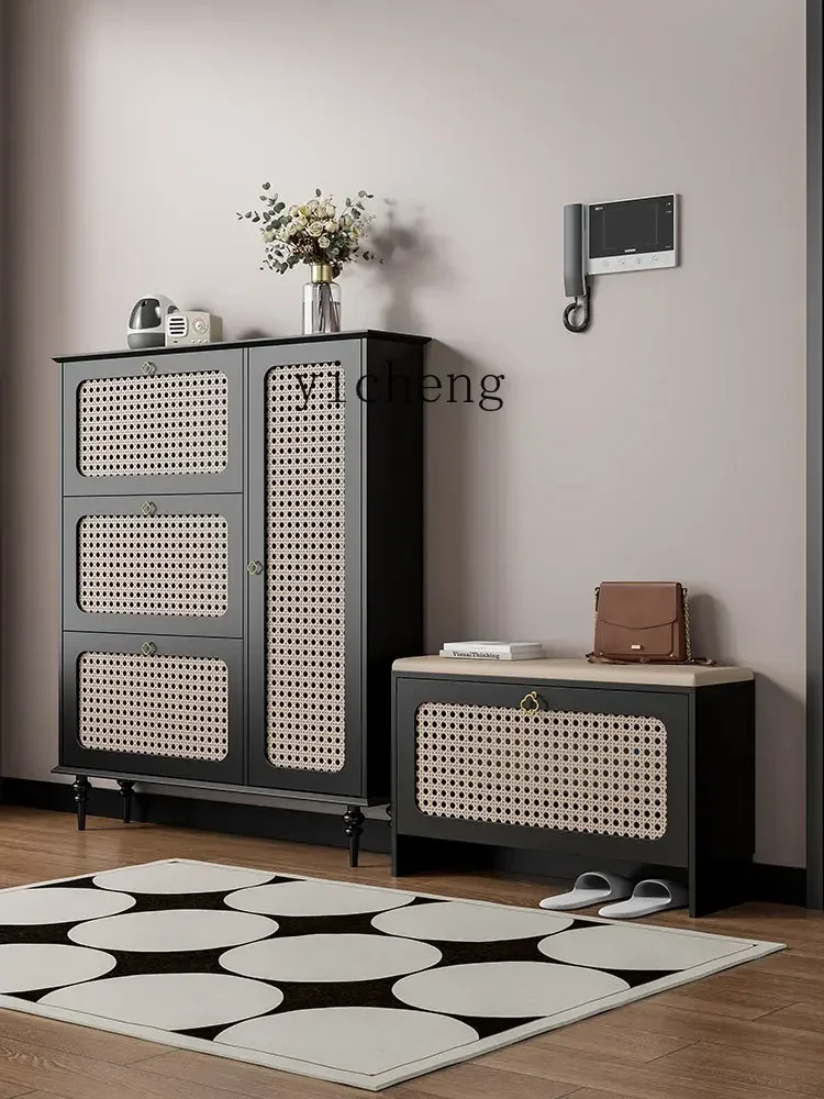BB Rattan Shoe Changing Stool Shoe Cabinet Home Doorway Can Sit Footstool Integrated Home Middle and Ancient Black Entrance