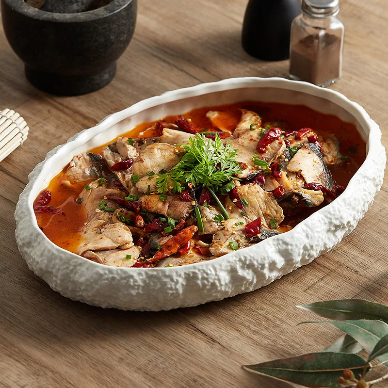 Rock grain large deep steamed fish plate home ceramic 2022 new light luxury hotel clubhouse lobster sashimi seafood plate