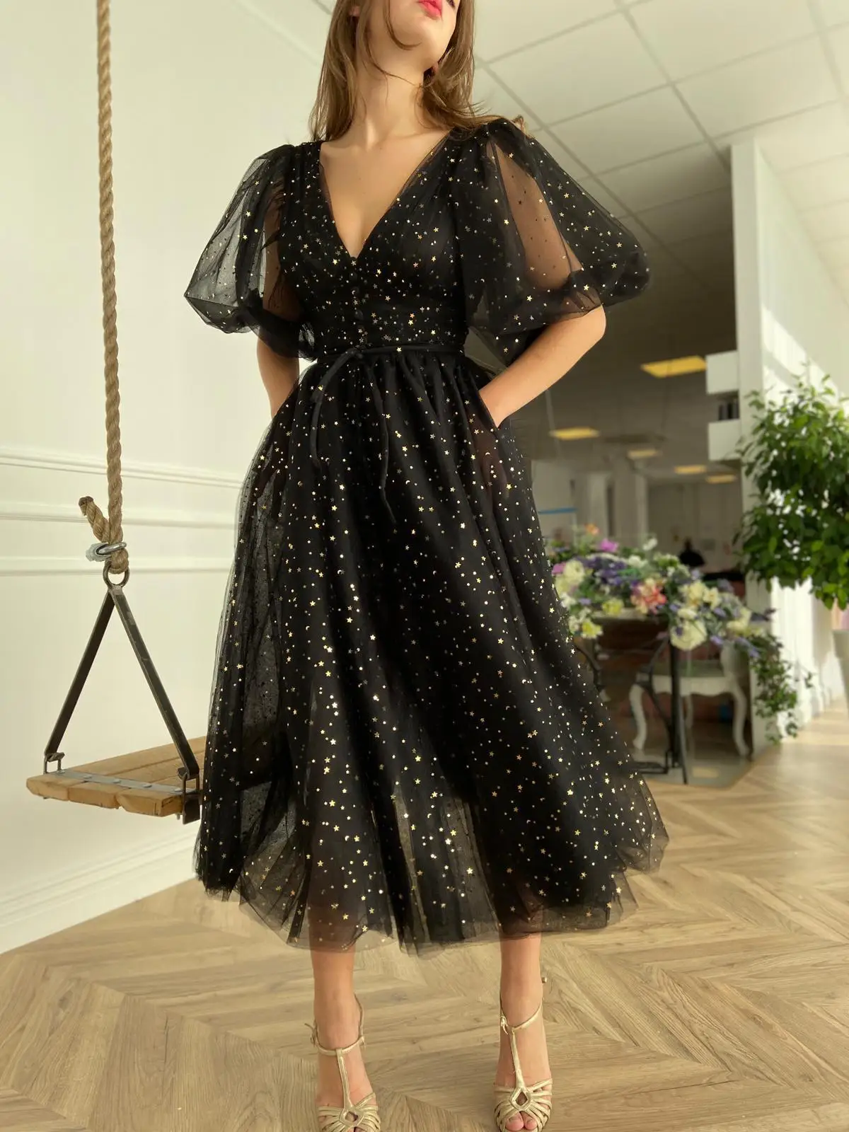 

Boho Lantern Sleeve Tea-Length Evening Dresses Tulle Sequins V-neck A-line Homecoming Dress Elegant Party & Vacation Wear 2025