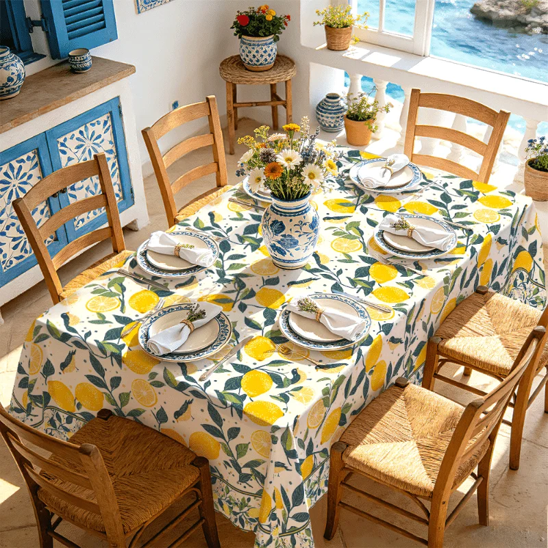 Vespri Lemon Pattern Lemon Tablecloth, Round Rectangle Oval, Lemon Tablecloth for Kitchen Dining Table, Kitchen Decor Summer Decor, Farmhouse Kitchen Summer Party Indoor Outdoor Events