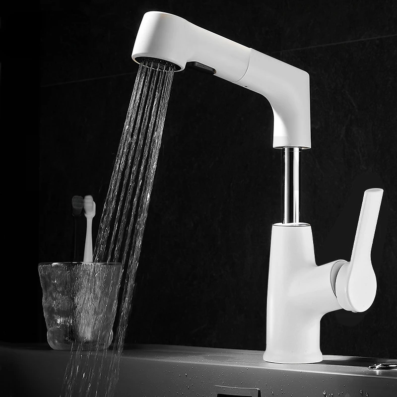 Bathroom Lifting Pull Faucet Hot and Cold Splash-Proof Multi-Functional Universal Rotating Basin Faucet White