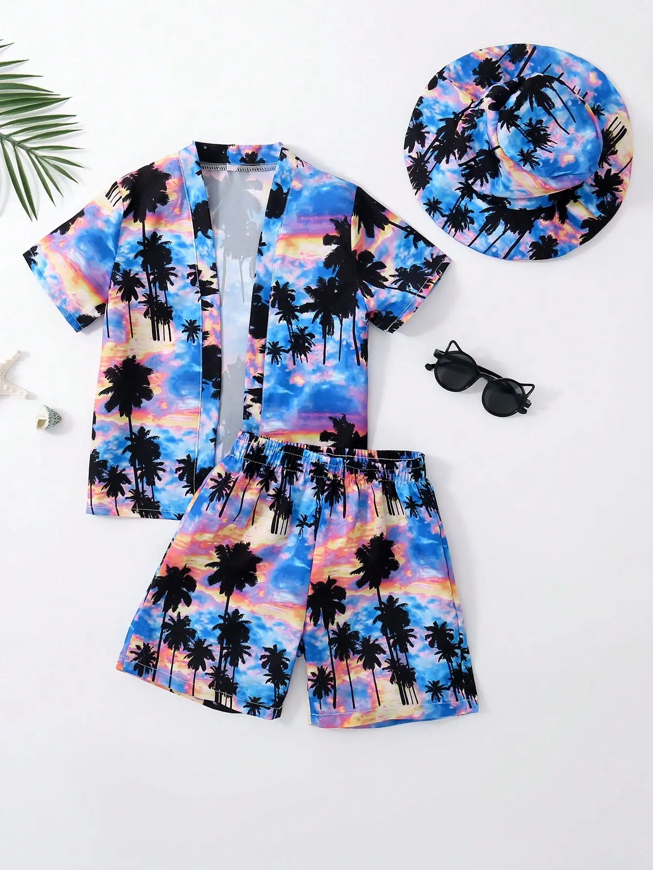 

Boys Tropical Print Swim Set Kimono Shorts Swim Cap Soft Lightweight Outfit For Beach Pool Vacation Summer Water Activities
