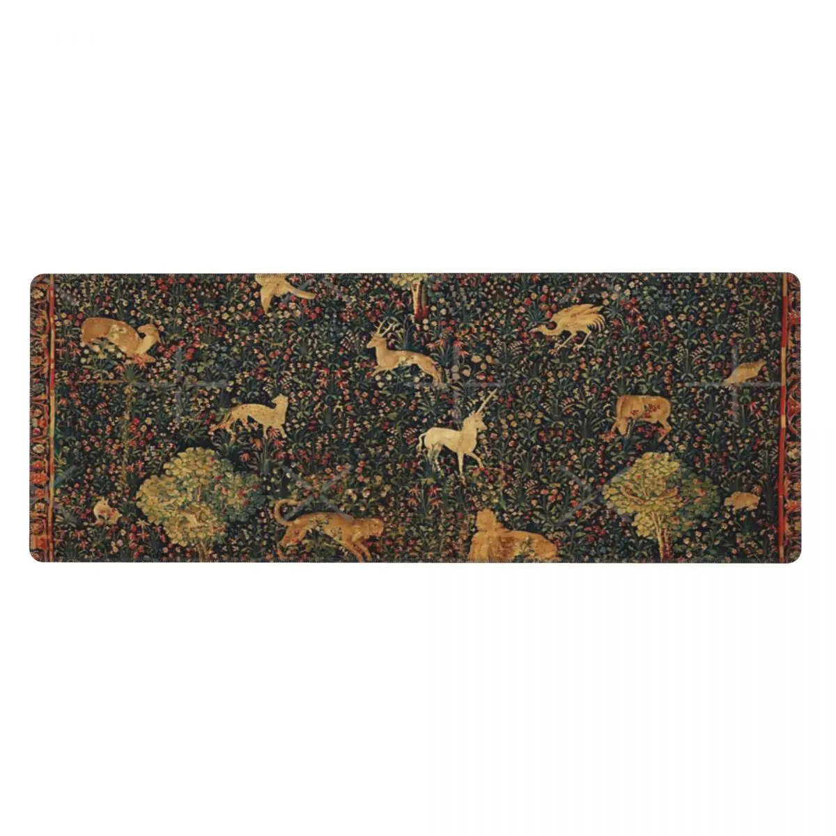 UNICORN AND MEDIEVAL BESTIARY Millefleurs Red Green Floral Tapestry Forest Animals Rubber Keyboard Pads