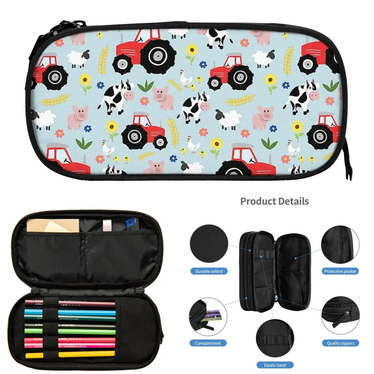 

Cute Kids Red Tractor Farm Animal Pattern Pencil Cases for Students Gifts Pen Box Pencil Bag Large Capacity Pencil Pouch Storage