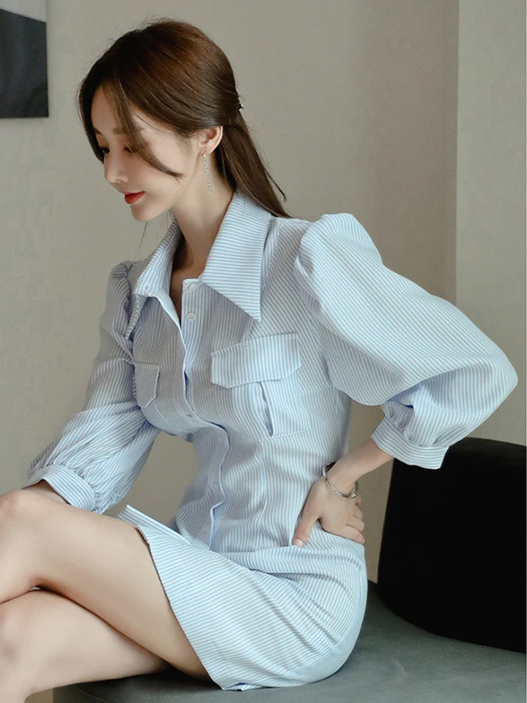 Damesmode elegante zoete shirtjurk casual polokraag bubble mouw zakken korte jurk dame streetwear vestido dagelijks gebruik