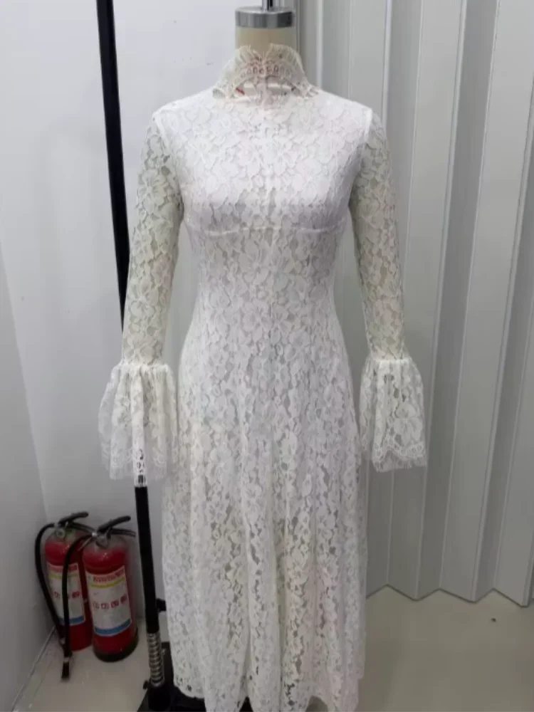 Neues Elegantes Rollkragen-Spitzen-Maxikleid, Dezentes Vintage-Trendkleid für Damen, Abendkleid für Hochzeitsgäste, Formelle Straßenkleidung, Weiches Tragegefühl – Detail 2