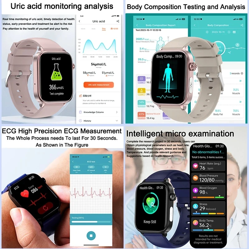 Montre intelligente non invasive pour hommes et femmes, ECG + PPG, acide urique, glycémie, appel Bluetooth, fréquence cardiaque, pression