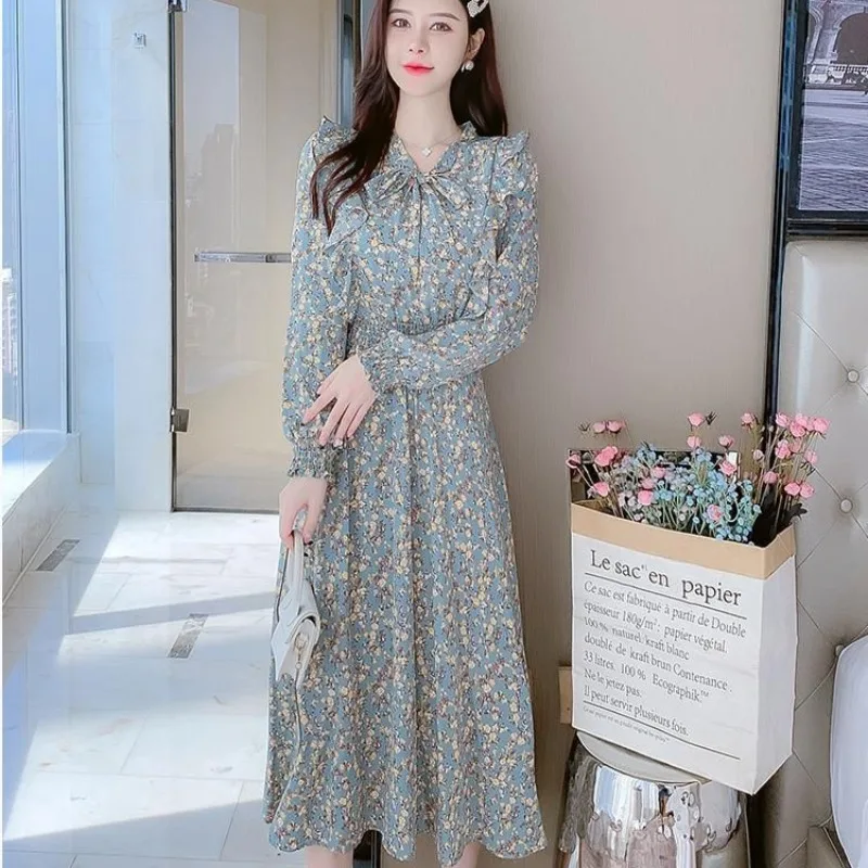 Long Female Dress Floral Ruffle Maxi Soft Women's Sleeve Dresses Bow Flower High Quality Luxury Curvy Spring Autumn 2025 Trendy