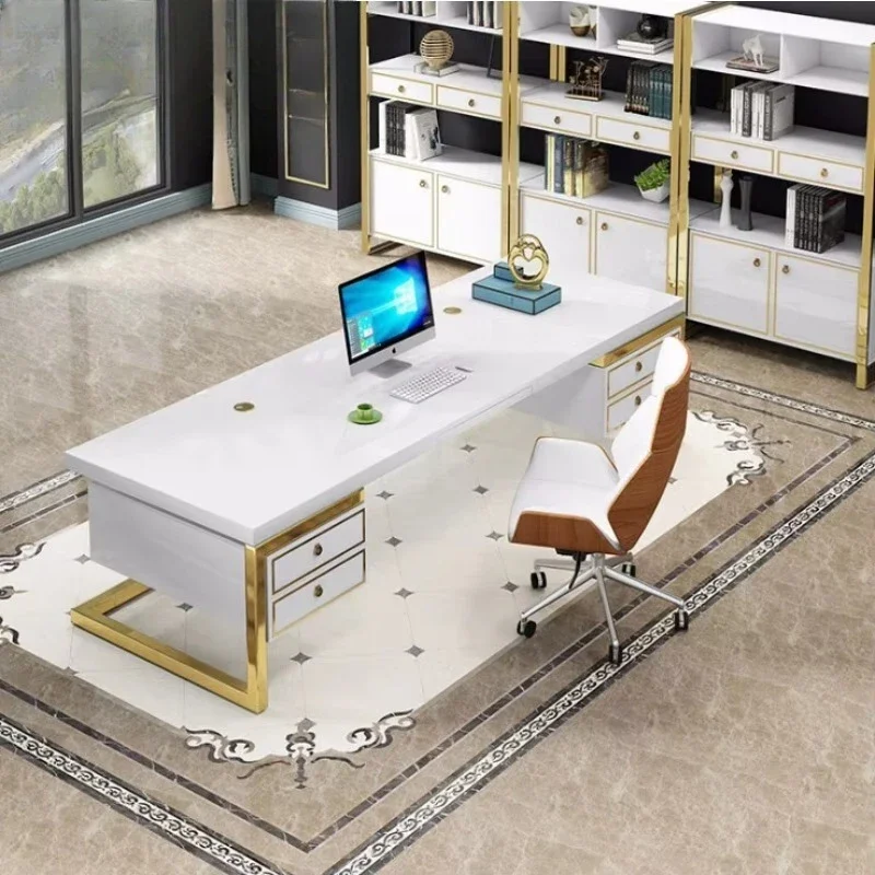 Modern CEO Office Furniture White Rectangle Gold Metal Business Desk